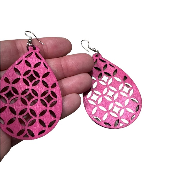Boho Cutout Wood Teardrop Drop Style Sky Magenta Earrings - Picture 5 of 5